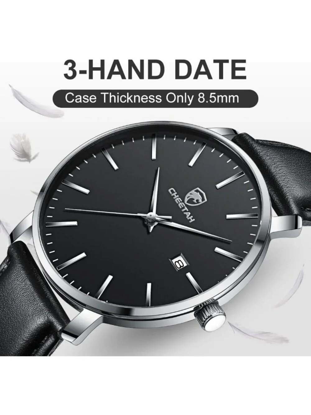 Men's Silver/Black Leather Strap Minimalist Waterproof Quartz Date Wrist Watch